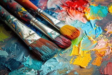 Fototapeta premium paintbrushes and palette kept separate