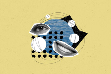 Creative collage retro poster bizarre freak concept face fragments elements eye toothy smile mouth...