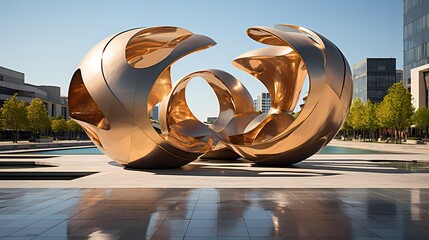 A modern art sculpture in a city square with buildings in the background