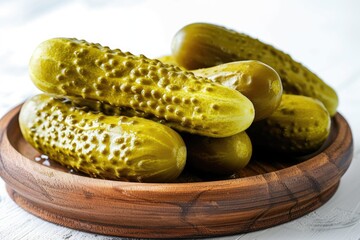 Pickled cucumbers on a wooden plate isolated
