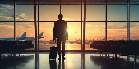 A silluet of man waitting n the terminal airport with sunshine and airplane .