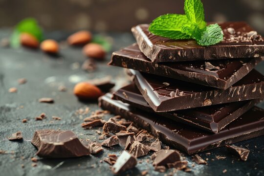 Piled chocolate with mint leaf Milk and dark chocolate tower Sweet food concept photo Chunks of broken chocolate