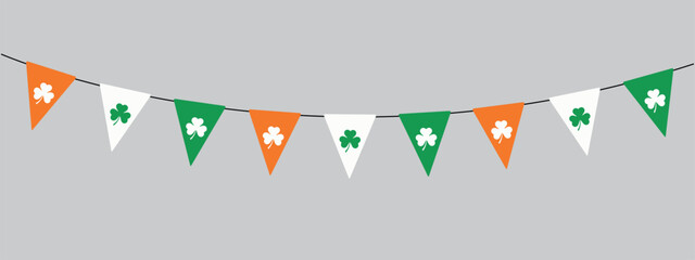 Patrick Day bunting pennants with clover symbol, orange, green and white  flag garland, Irish holiday, decorative vector element for greeting card, poster, banner