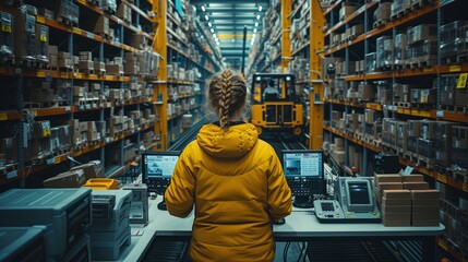 A woman in a yellow jacket works in a warehouse.
