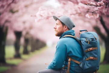 traveler with backpack taking a rest under blooming sakura