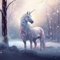 Enchanted Unicorn in Snowy Forest