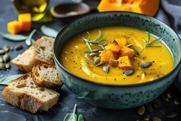 Pumpkin soup with croutons seeds oil Dark background