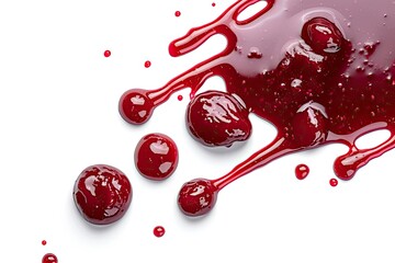 Red berry jam and sauce stains isolated on white - obrazy, fototapety, plakaty