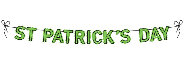 st patricks day garland, green party bunting, big letters hanging on a string, black outline vector illustration