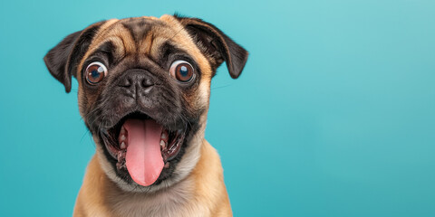 Pug dog looks shocked. Big round eyes, open mouth. Blue background. Wrinkled face, tongue out