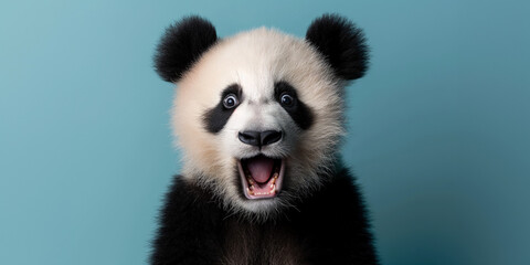 Naklejka premium Panda close-up. bamboo bear, Animal looking at the camera, turquoise background, space for text, banner for advertising