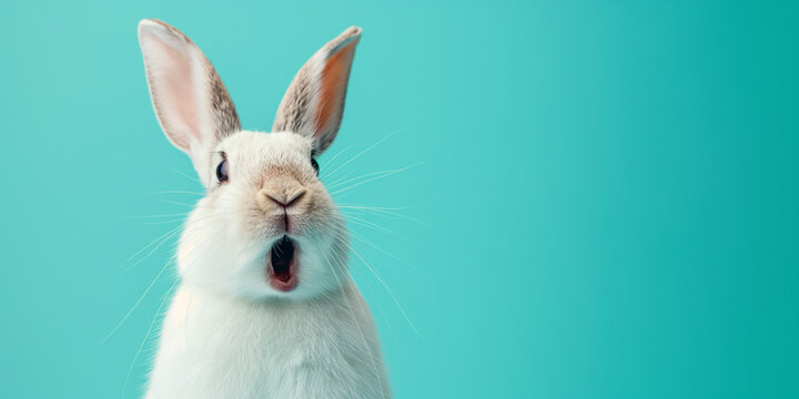 shocked white bunny isolated on a mint background