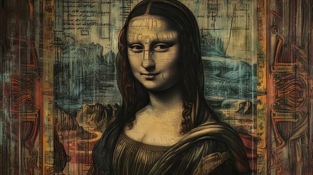 mona lisa type 1980s fantasy art drawing, sketch, high contrast, vivid color, intricate, surreal, epic