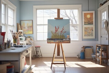artist painting at an easel in a sunlit studio with brushes and a palette
