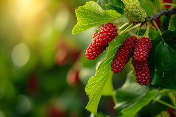 Farming concept - mulberries growing on bunch