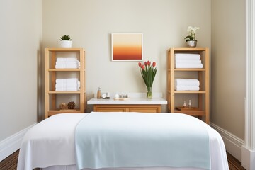 a perfectly arranged massage room with white linens