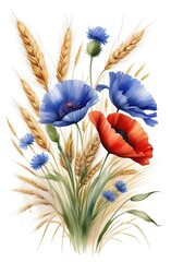 Floral field bouquet with poppy flowers, daisies, cornflowers, meadow grasses, golden spikelets of wheat. Hand-drawn watercolor illustration white background for harvest festival.