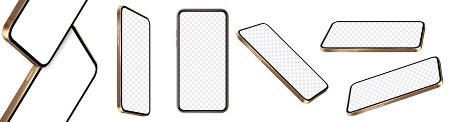 Elegant Smartphones with Gold Edges on Transparent Background. Collection of stylish smartphones with golden details and transparent screens ready for display customization. Vector illustration
