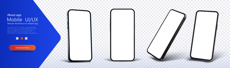 Set of sleek, modern smartphone mockups with blank screens, displayed in different angles against a transparent backdrop. Modern Smartphone Mockups in Various Angles on Transparent Background. Vector 