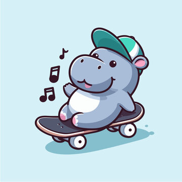 cute hippo cartoon character mascot on a skateboard