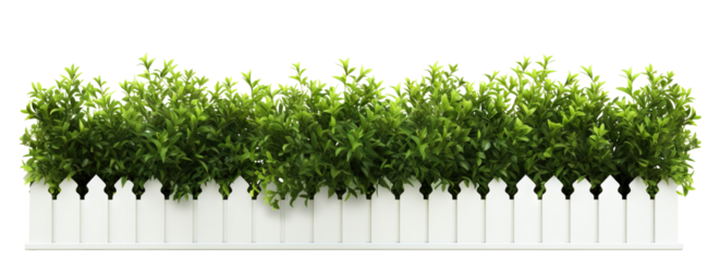 Lush green bushes over white picket fence, cut out