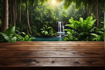 empty wooden table in forest background product placement