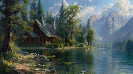 Obraz premium Fantasy landscape with a wooden house on the lake in the mountains