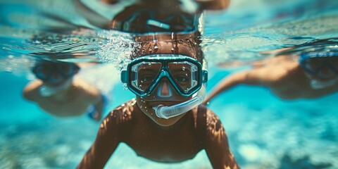 Kids submerged in a snorkel. - obrazy, fototapety, plakaty
