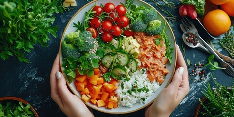 Macrobiotic Diet: The Essence of a Balanced Diet, Featuring Hands Holding Cutlery, a Plate, and Macrobiotic Ingredients or Dish in a Realistic Advertising Poster