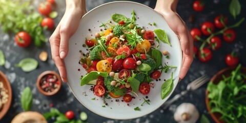 Professional Photography Showcasing a Macro Mediterranean Salad, Grasped by Hands Holding Cutlery, Portraying the Freshness and Healthy Delight of the Mediterranean Diet - obrazy, fototapety, plakaty
