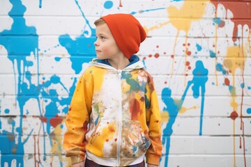 kid with paint splatters on clothes looking away from a wall mural