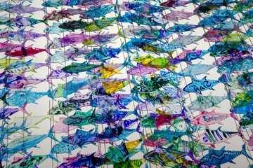 wall of colored glass fish, art, auckland museum, new zealand, sharks,