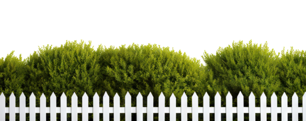 Lush green bushes over white picket fence, cut out