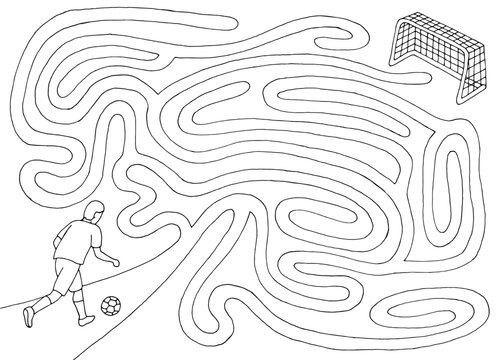 Soccer maze graphic black white sketch illustration vector