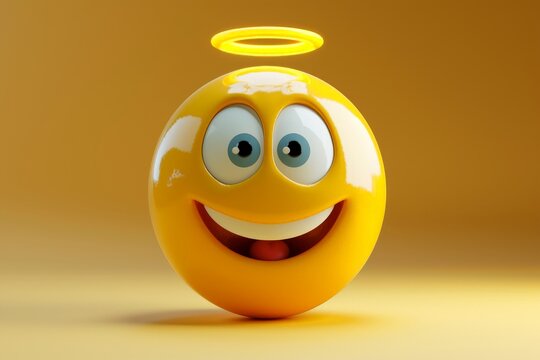 Yellow and gold smiley happiness cute, innocent faces. Angel emoticon icon, angelic expressions Symbol. Angel emoji angel halo, holiness. Gold emoji happy face lucky and positive vibe to messaging
