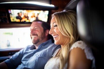 couple enjoying multimedia system in limo with touchscreen - obrazy, fototapety, plakaty