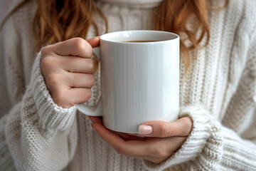 Close-up of hands holding a white mug wearing a knitted sweater