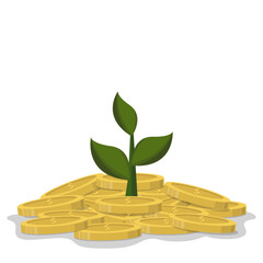 Fototapeta na wymiar Money Growth Concept with Coins Pile and Sapling: Investing, Saving, Business Vector illustration