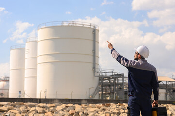 Engineers wearing safety vests inspect and repair systems in the refinery area.