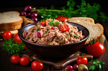 Canned tuna meat in a bowl, fork, bread and fresh red cherry tomatoes on a white wooden table