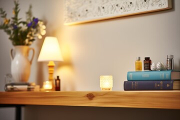 Obraz na płótnie Canvas therapy room with essential oils and candles on a shelf