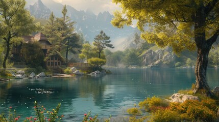 Fototapeta na wymiar Wooden house on the lake in the mountains. Landscape with lake.