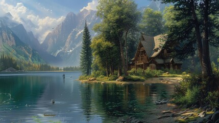 Obraz premium Wooden house on the lake in the mountains. Landscape with lake.