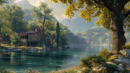 Wooden house on the lake in the mountains. Landscape with lake.