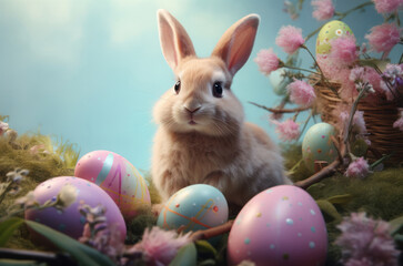 Fototapeta na wymiar Cute Easter bunny is sitting on colorful Easter eggs