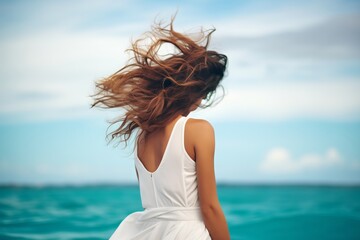 woman in a white dress, hair flowing, suspended neutrally in a turquoise sea