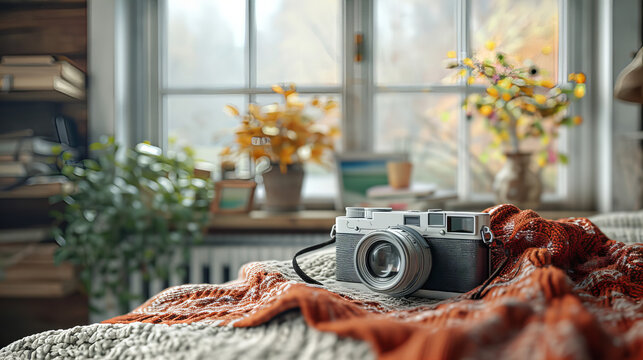Vintage Camera on Cozy Autumn Setup, vintage camera lies atop a cozy knitted blanket, accompanied by the warmth of autumnal flowers by a window, capturing a nostalgic still life