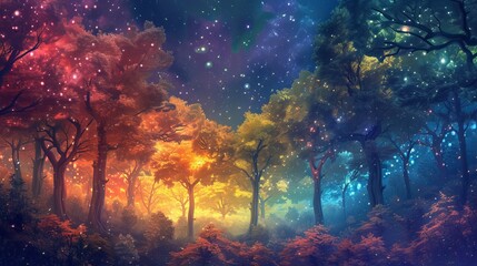Whimsical forest with rainbow-colored trees and a sea made of stars - Surrealism