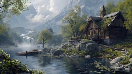 Fantasy landscape with a wooden house on the lake in the mountains - obrazy, fototapety, plakaty
