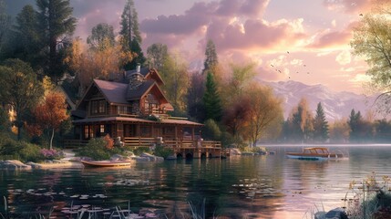 Fantasy landscape with a wooden house on the lake in the mountains - obrazy, fototapety, plakaty
